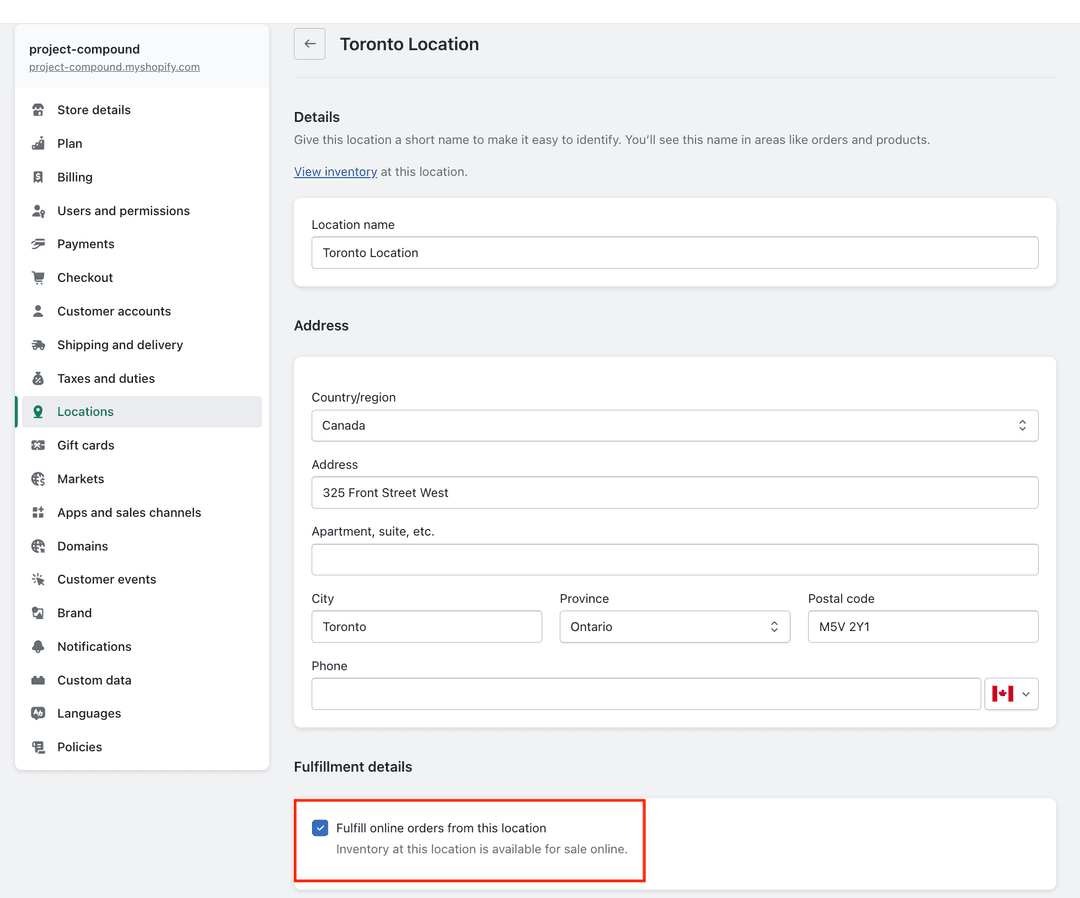 Shopify Location fulfillment option