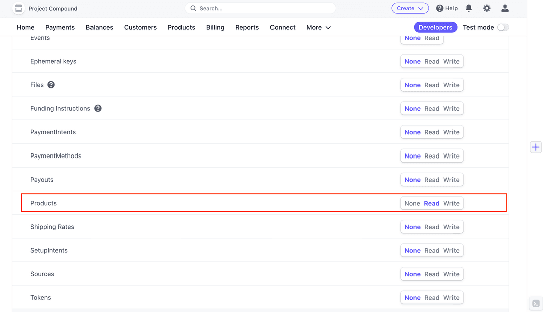Stripe restricted key permissions
